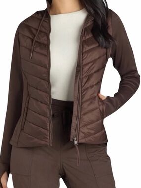 AVIA Brown Chevron Quilt Hybrid Athleisure Jacket with Hood NWOT